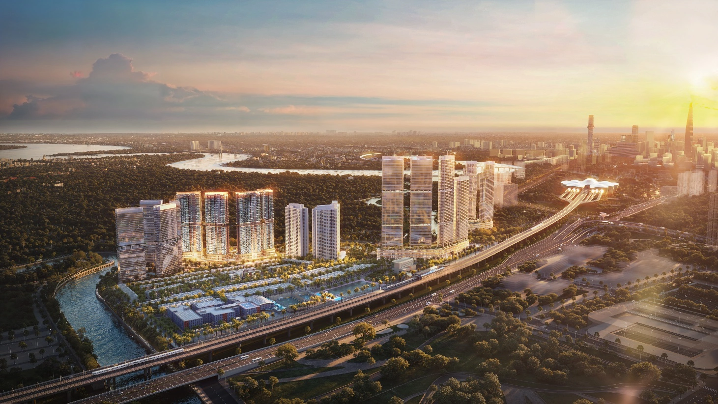 Palm City khu đô thị compound cao cấp ven sông nhìn từ trên cao lúc hoàng hôn
